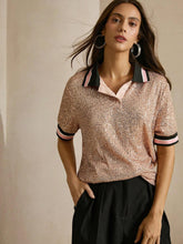 Anewsta Women's Oversized Sequin Embellished POLO Collar Short Sleeve T-Shirt